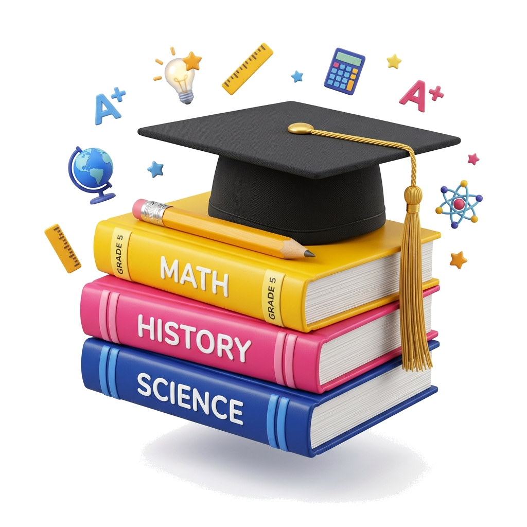 3D Graduation Cap and Stacked Books