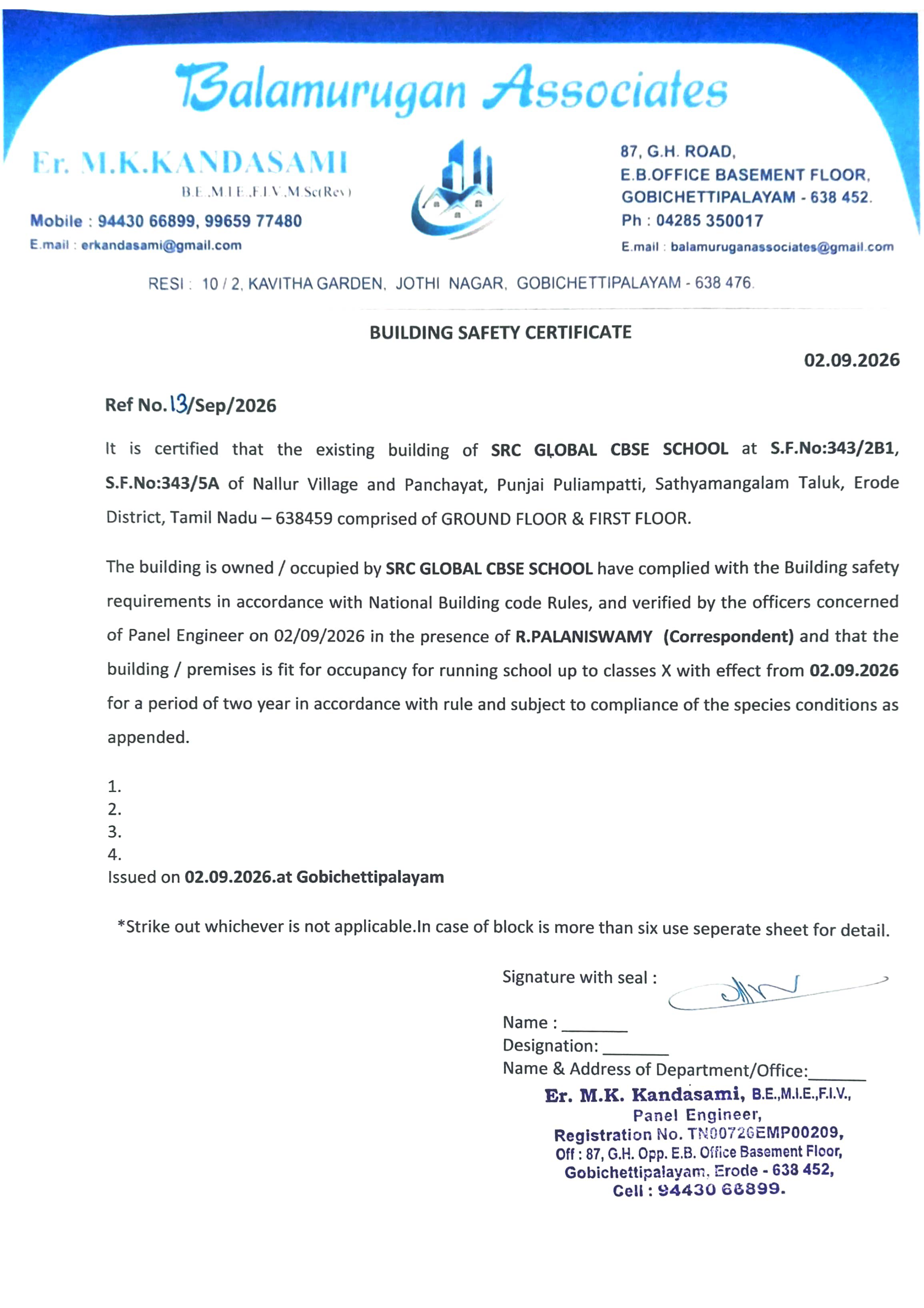 Building Safety Certificate (Ref No. 13/Sep/2026)