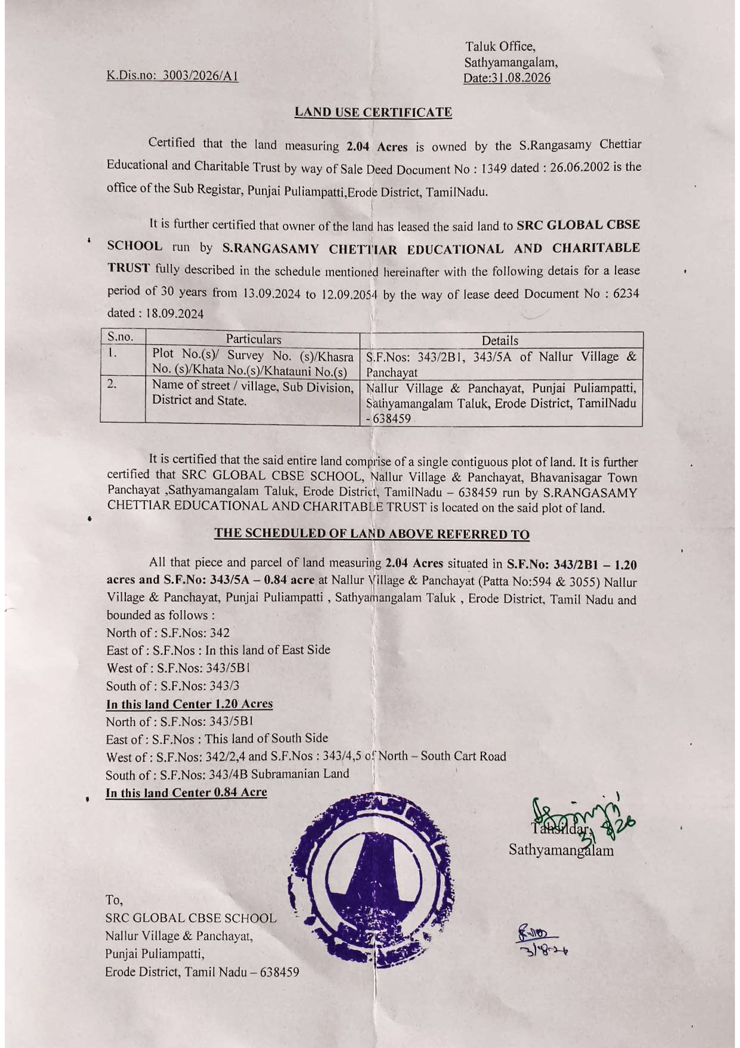 Land Use Certificate (K.Dis.no: 3003/2026/A1)