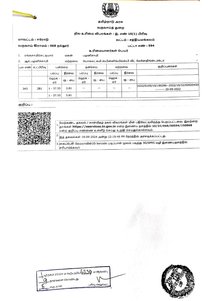 Patta Land Ownership Record - Page 1 (No. 594)